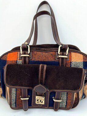 Authentic DSQUARED2 Plaid Wool Suede Leather Satchel Bag D2 Y2K Grunge Italy